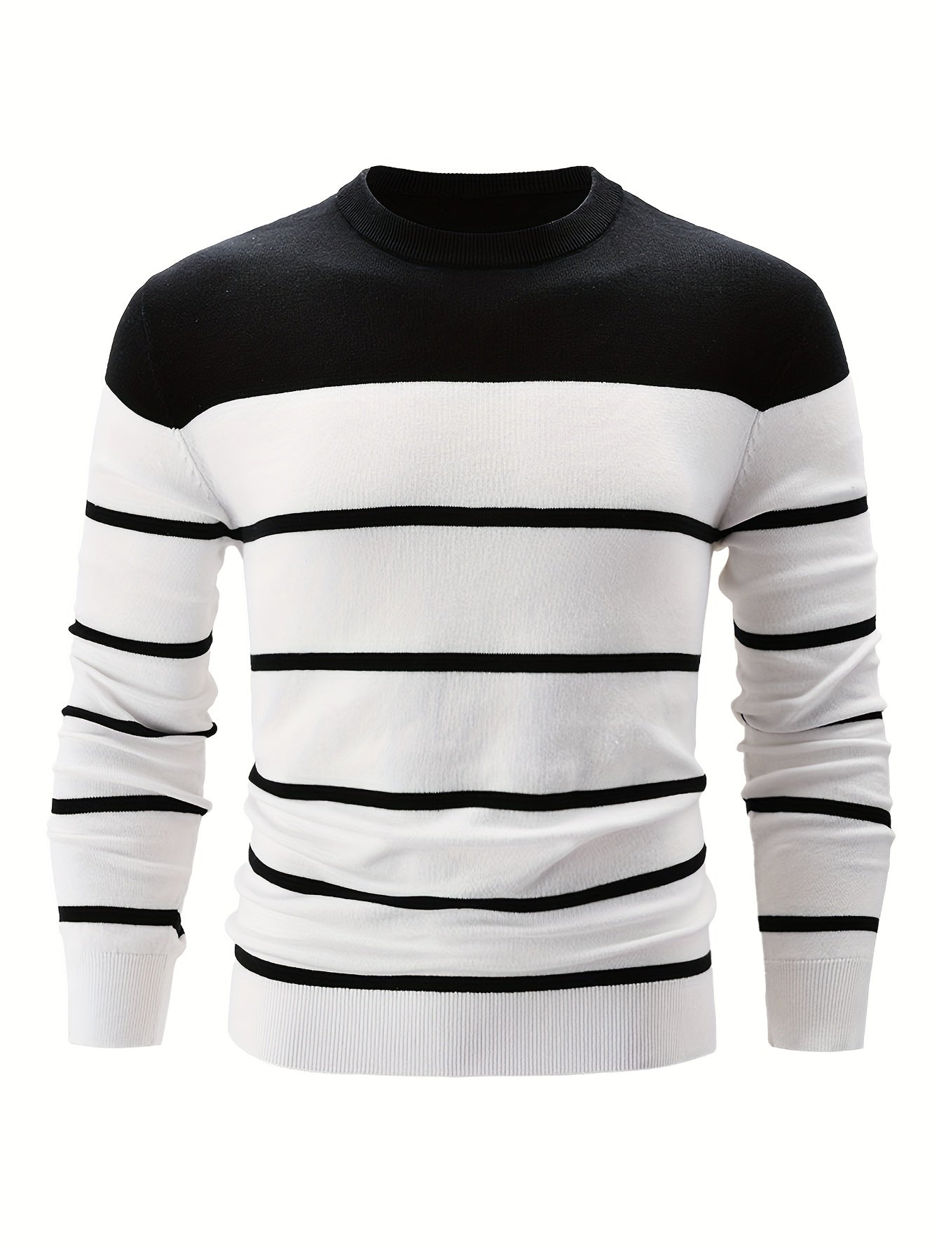 Men's Casual Striped Crew Neck Sweater - 100% Cotton Knit Fabric, Long Sleeve, Regular Fit Pullover with Medium Stretch