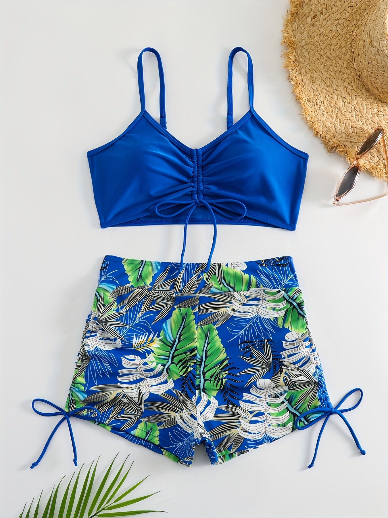 Tropical Leaf Print V Neck High Waist Bikini Sets, Drawstring Spaghetti Straps Boxer Short Bottoms Two Pieces Swimsuit, Women's Swimwear & Clothing