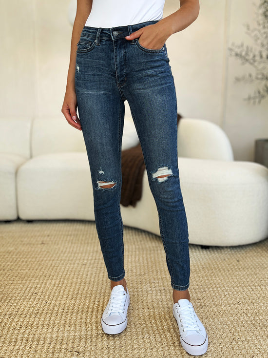 Judy Blue Full Size Mid Waist Distressed Slim Jeans - MyEmpired