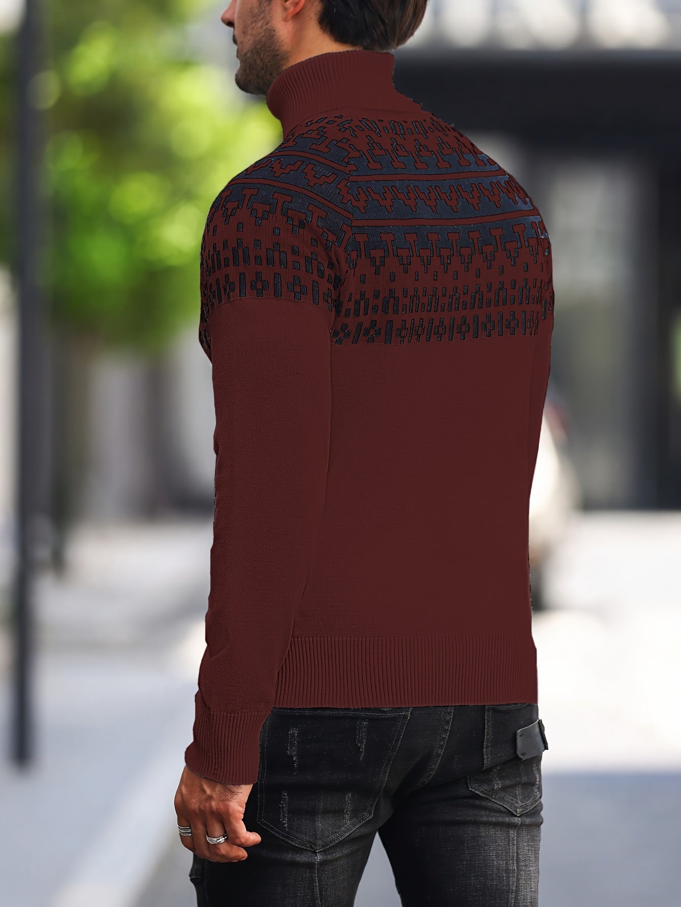 Men's Geometric Graphic Print Knitted Pullover, Casual Long Sleeve Turtle Neck Sweater For Fall Winter, Outdoor Cloth