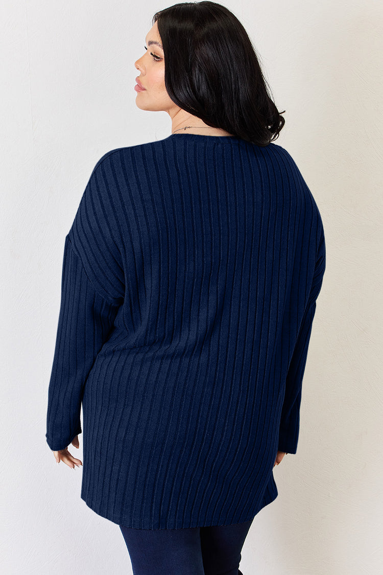 Basic Bae Full Size Ribbed Half Button Long Sleeve High-Low T-Shirt - MyEmpired