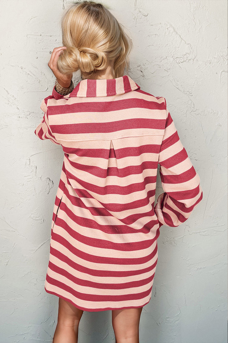 Double Take Full Size Striped Contrast Collared Neck Long Sleeve Dress - MyEmpired