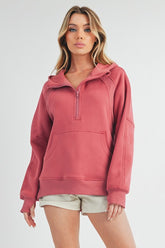 Aemi+Co Half Zip Raglan Sleeve Hoodie with Kangaroo Pocket - MyEmpired