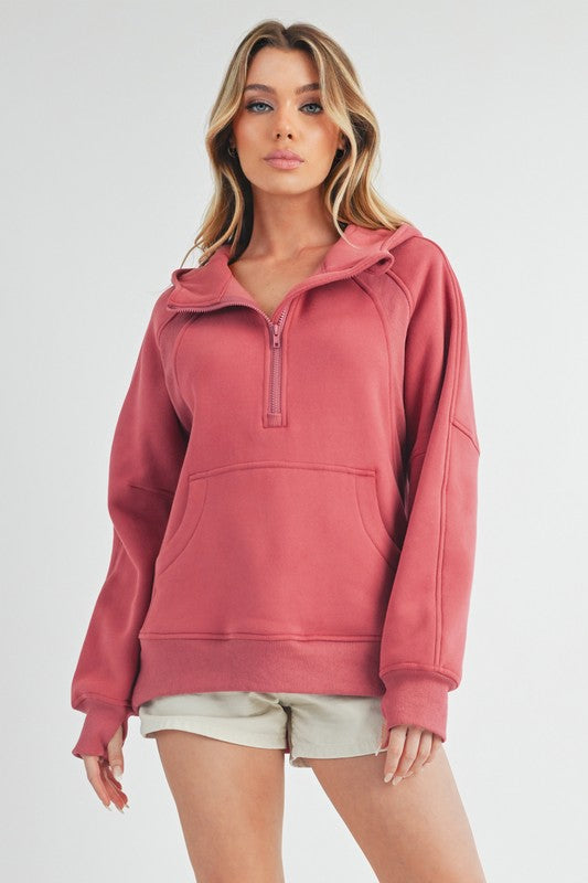 Aemi+Co Half Zip Raglan Sleeve Hoodie with Kangaroo Pocket - MyEmpired