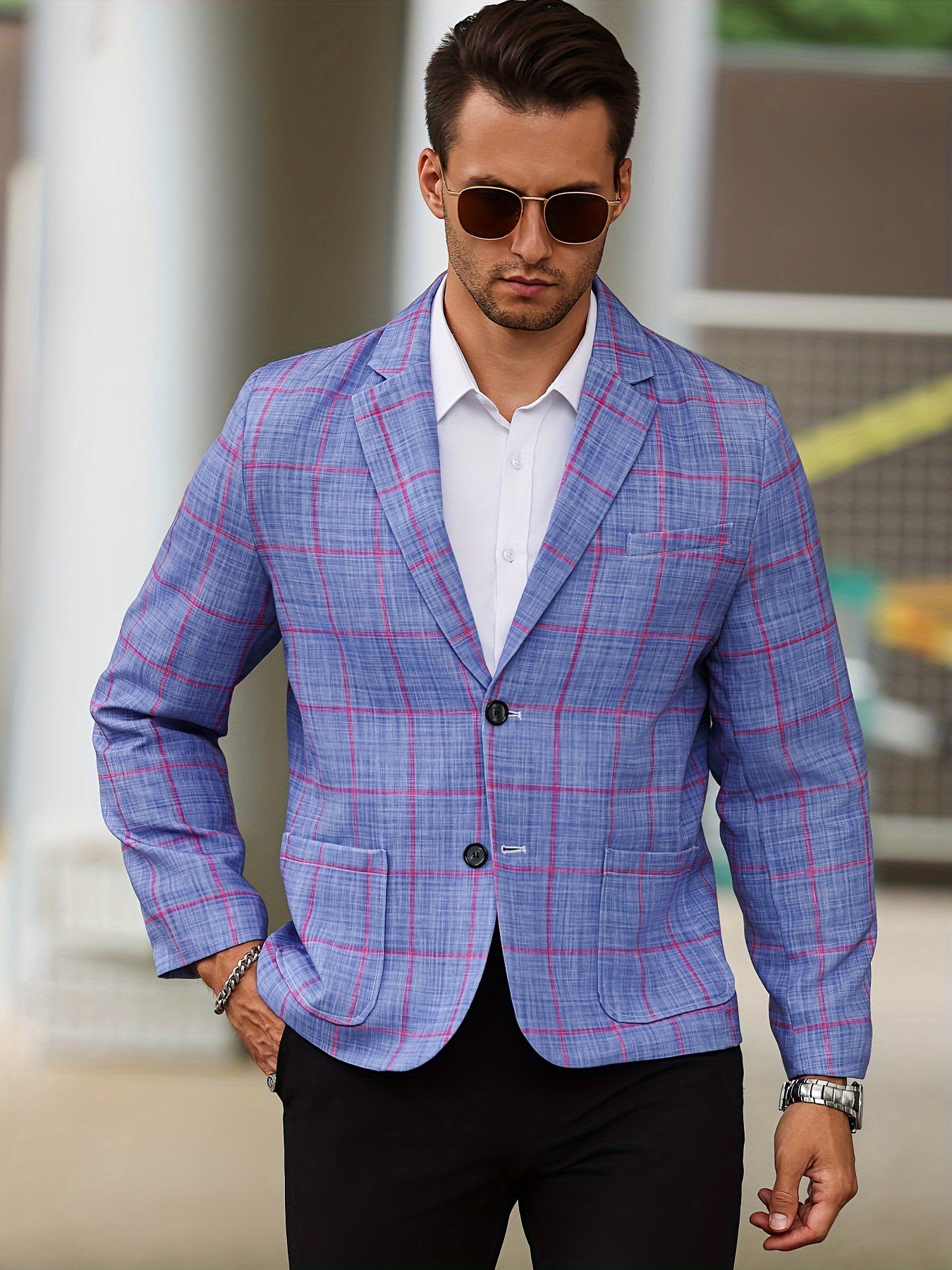 Men's Plaid Blazer, Notch Lapel Collar Two Button Suit Jacket, Male's Leisure Fashion For Business And Party Wear