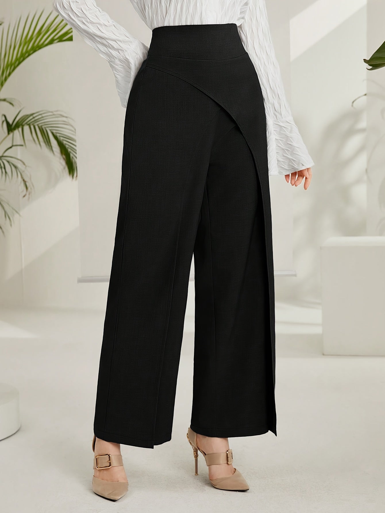 Solid Wide Leg Layered Pants, Elegant High Waist Loose Pants For Spring & Summer, Women's Clothing