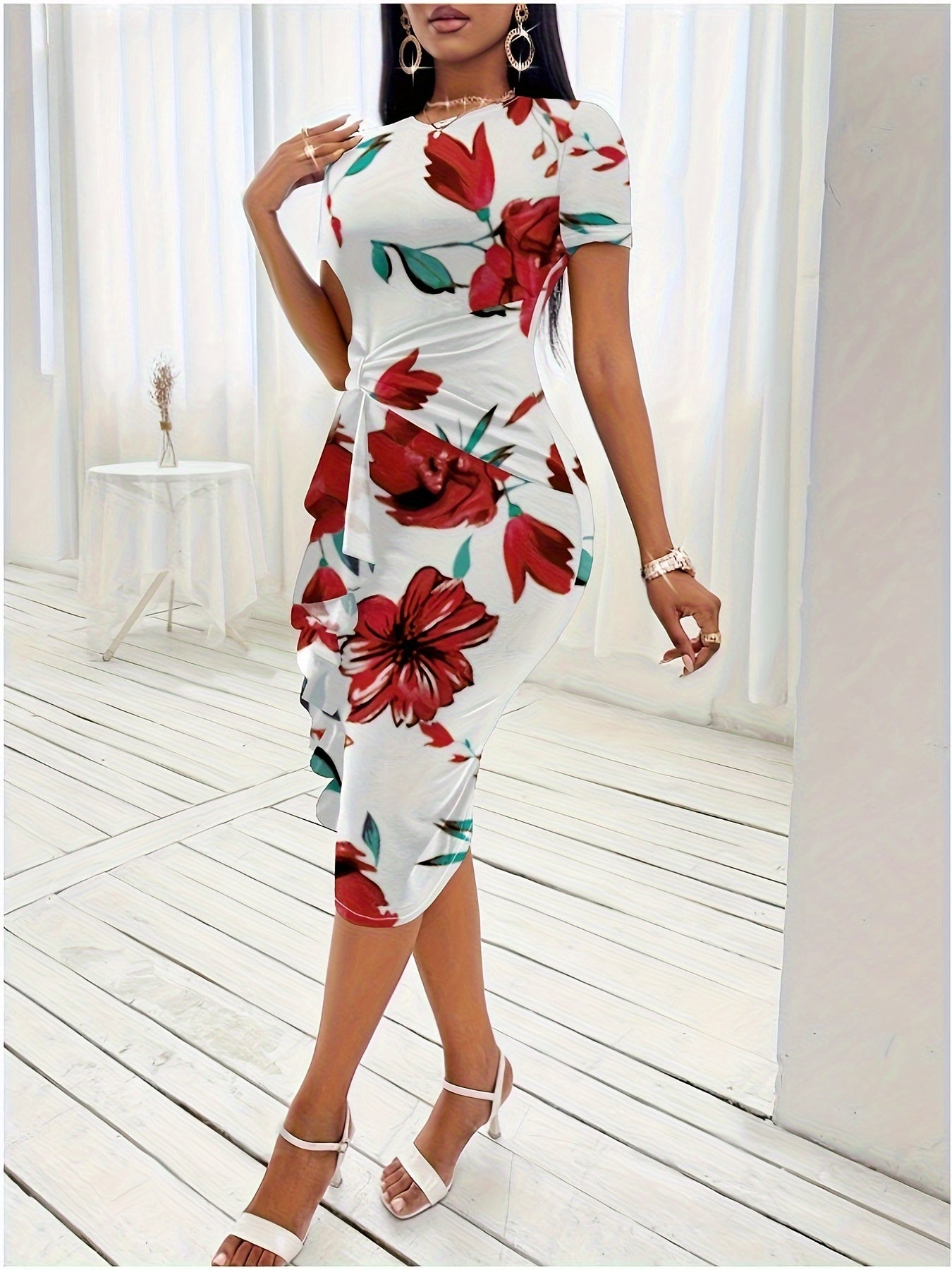 Floral Print Knot Bodycon Dress