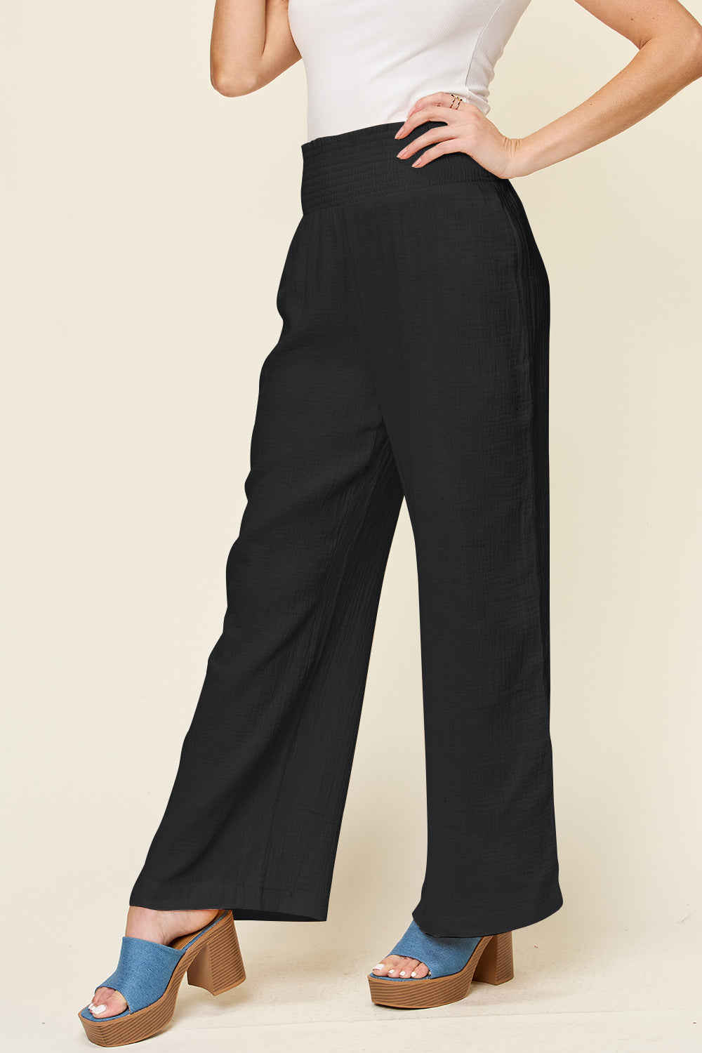 Double Take Full Size Texture Smocked Waist Wide Leg Pants - MyEmpired