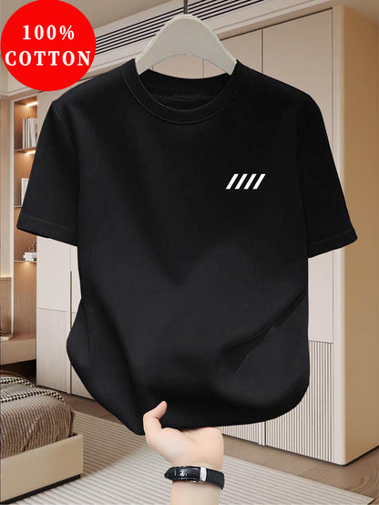 Men's 100% Cotton T-Shirt, Simple Print Design, Basic Cotton Top for Men, Suitable for Daily Summer Wear