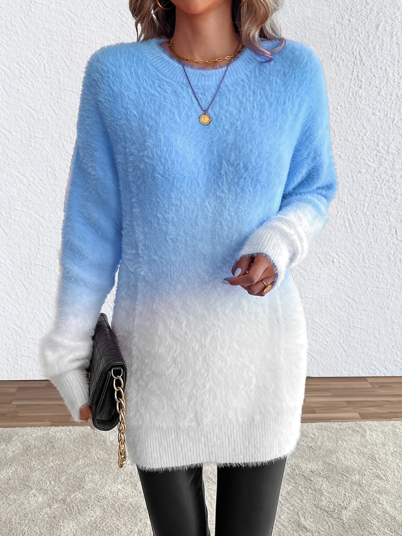 Gradient Color Crew Neck Fuzzy Sweater, Elegant Long Sleeve Sweater For Fall & Winter, Women's Clothing