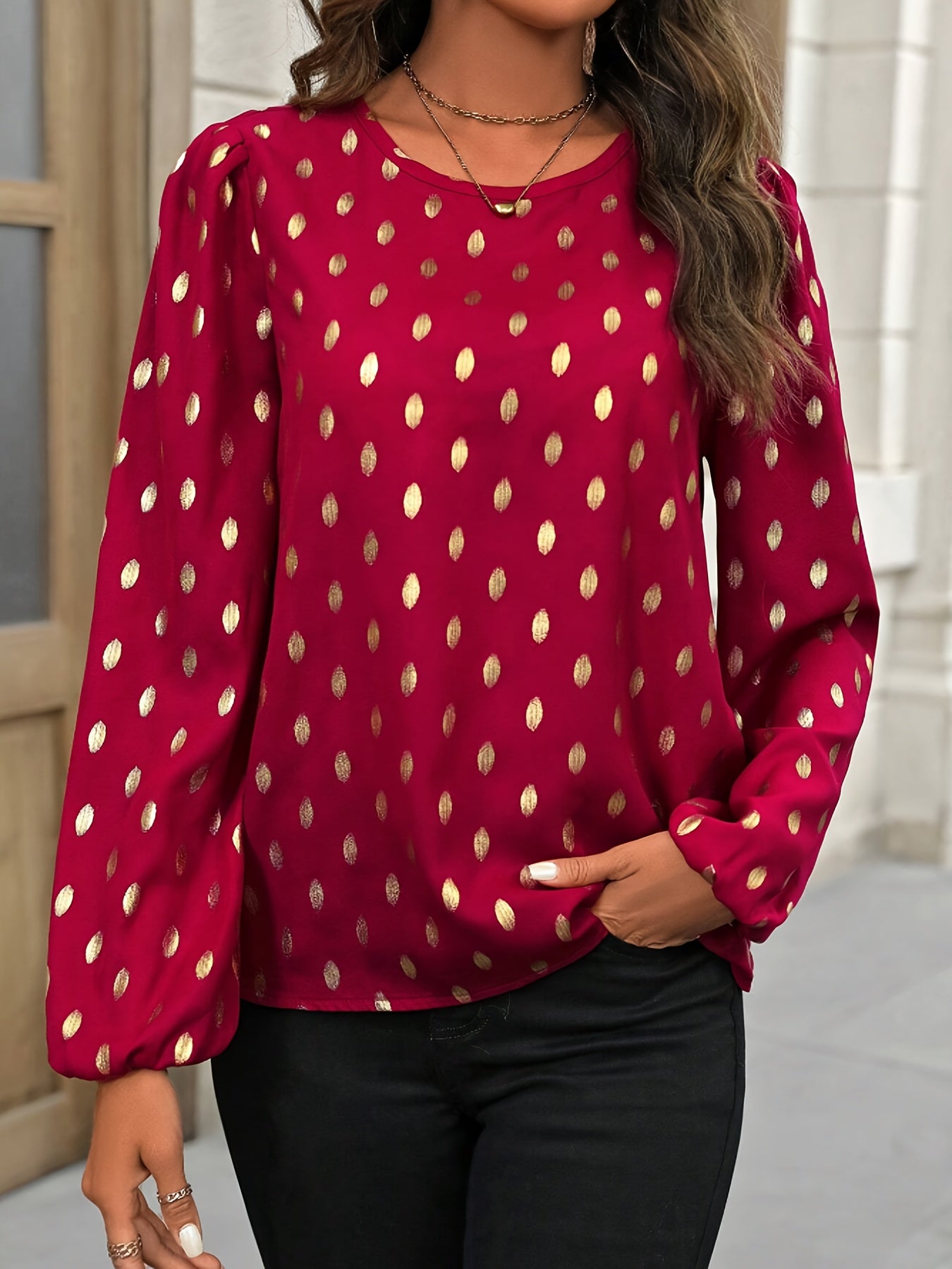 Allover Print Crew Neck Blouse,