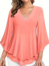 Solid Color V-neck Blouse, Casual Flare Sleeve Layered Hem Top For Spring & Fall, Women&