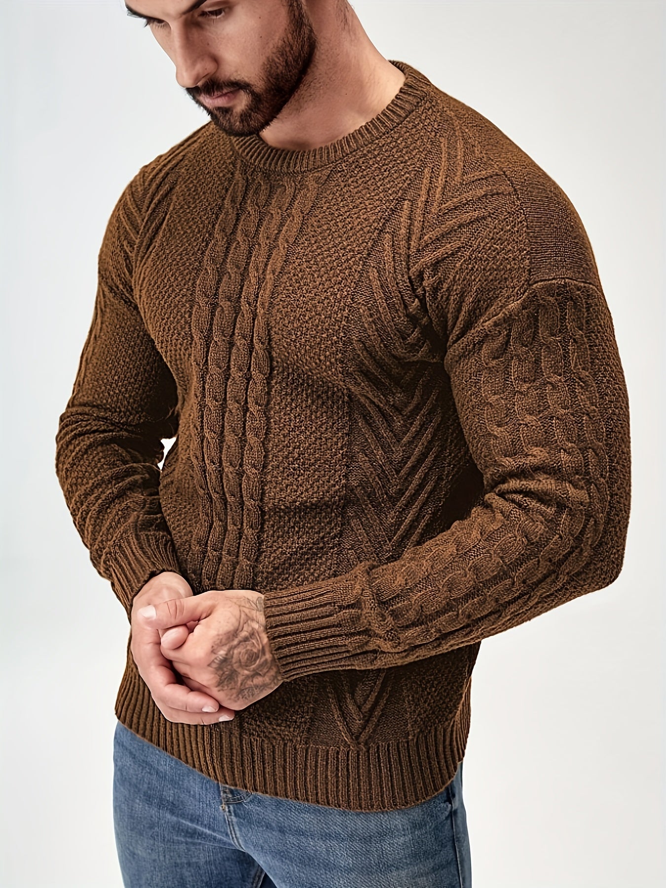 Men's Solid Striped Knitted Pullover, Casual Long Sleeve Crew Neck Sweater For Fall Winter