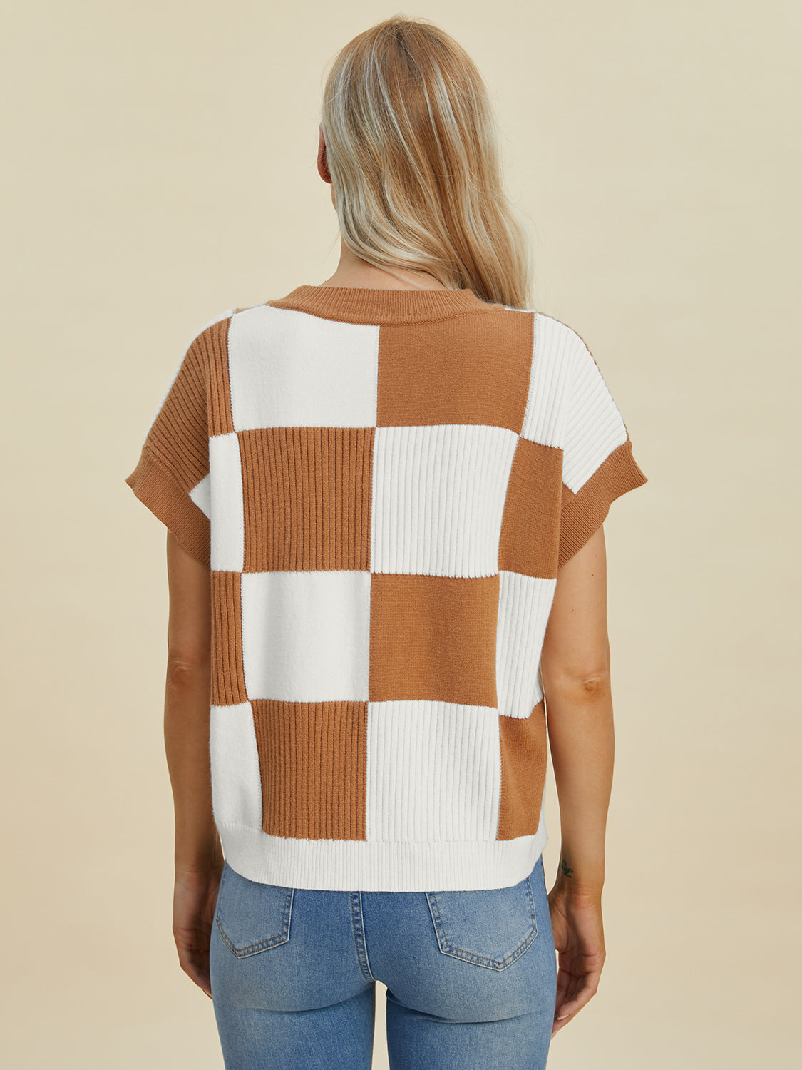 Double Take Full Size Checkered Round Neck Short Sleeve Sweater - MyEmpired