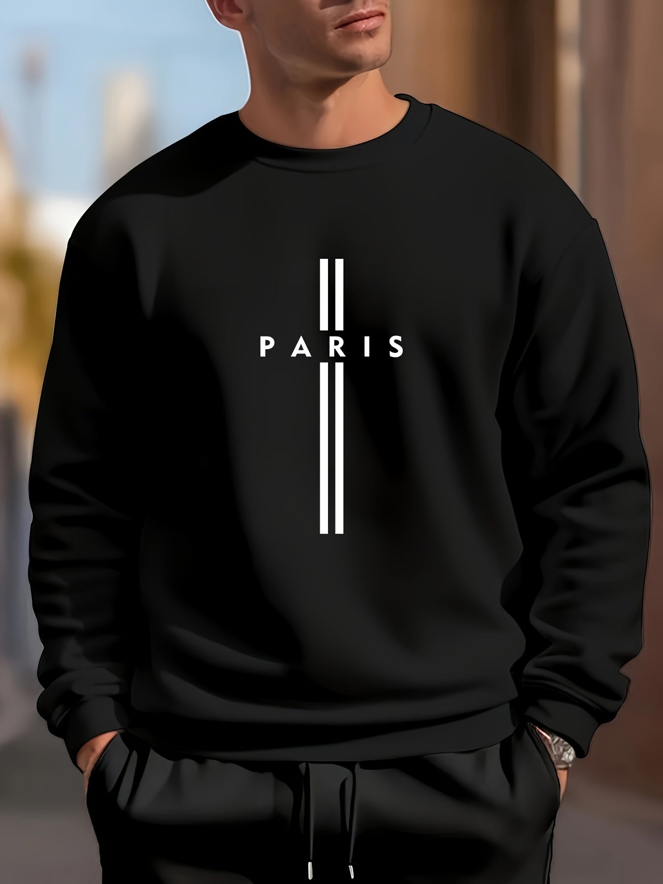 PARIS Letter Print Men's Crew Neck Long Sleeve Sweatshirt, Trendy Pullover Sweatshirt, Casual Comfy Versatile Top For Spring & Autumn, Outdoor Sports