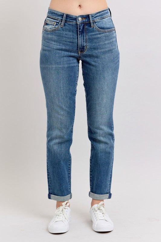 Judy Blue Full Size Mid Rise Skinny Cuff Jeans with Pockets Plus Size - MyEmpired