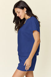 Double Take Full Size Texture Short Sleeve T-Shirt and Drawstring Shorts Set - MyEmpired