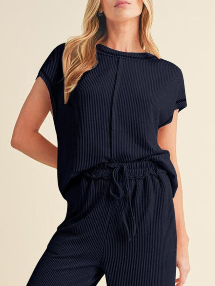 Ribbed Exposed Seam Top and Pants Set - MyEmpired