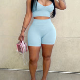 Sexy Slim Fit Solid Color Shorts Set, Plunging Crop Cami Top & High Waist Biker Shorts, Women&