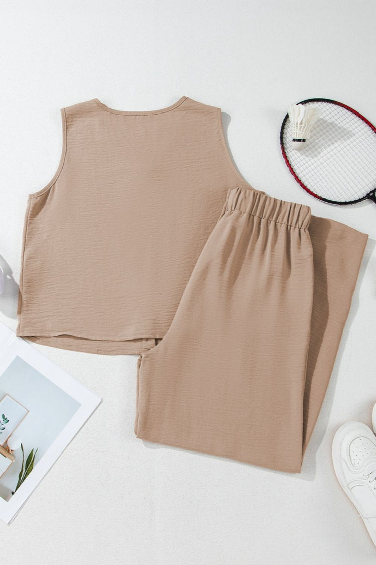 Button Down Vest and Drawstring Wide Leg Pants Set - MyEmpired