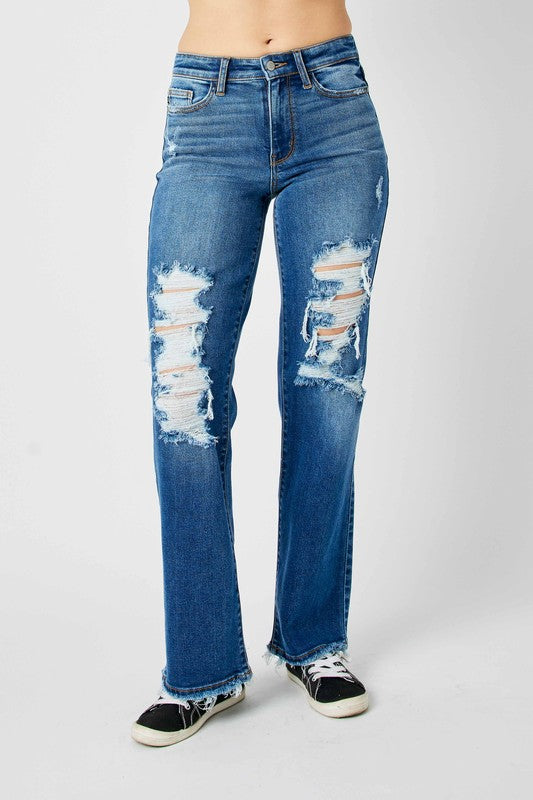 Judy Blue Full Size Mid Rise Distressed Raw Hem Jeans - MyEmpired
