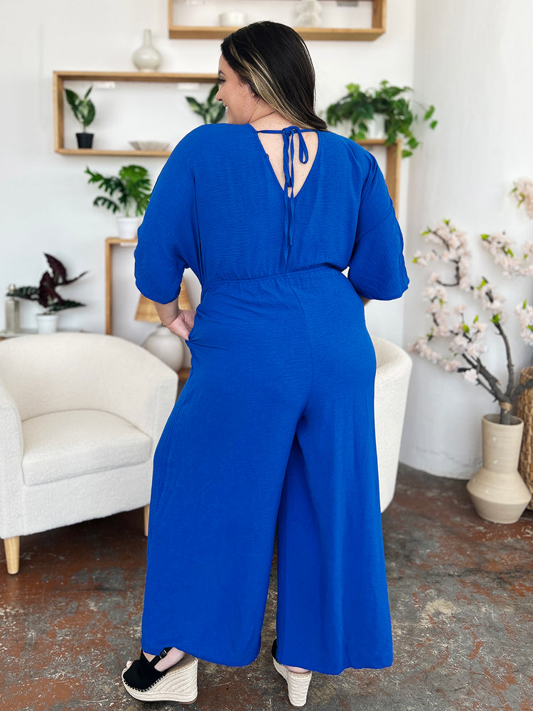 Double Take Full Size Surplice Wide Leg Jumpsuit with Pockets - MyEmpired