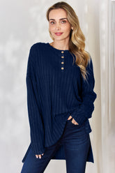 Basic Bae Full Size Ribbed Half Button Long Sleeve High-Low T-Shirt - MyEmpired