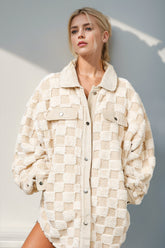 Double Take Button Up Fuzzy Checkered Shacket - MyEmpired