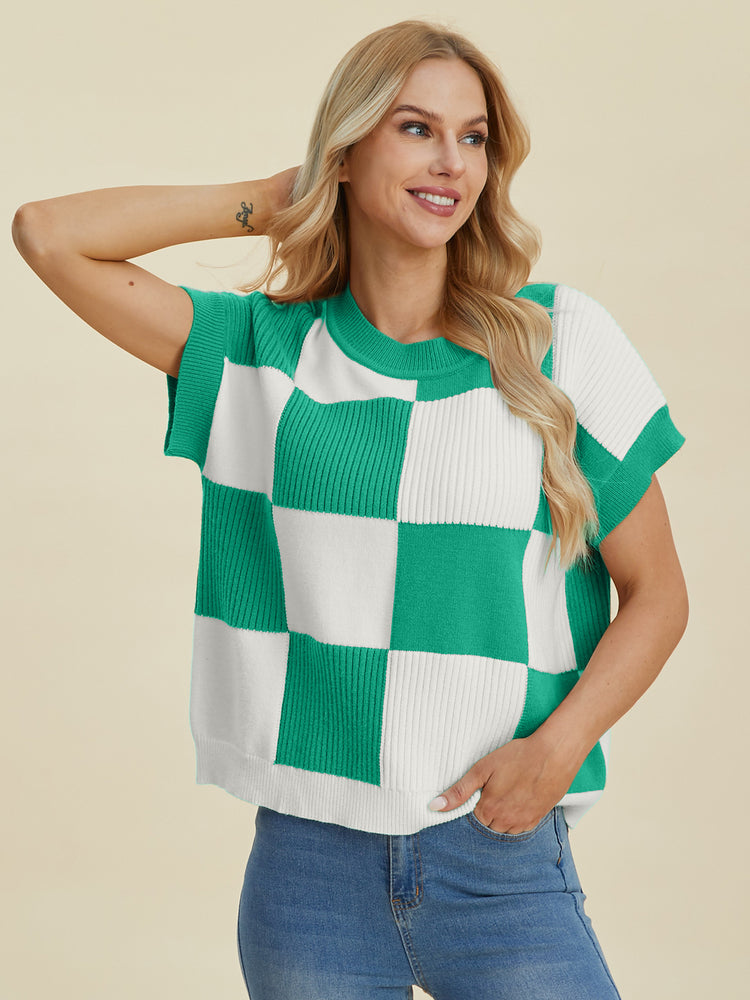 Double Take Full Size Checkered Round Neck Short Sleeve Sweater - MyEmpired