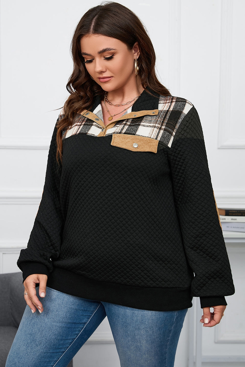 Plus Size Waffle-Knit Collared Neck Sweatshirt - MyEmpired