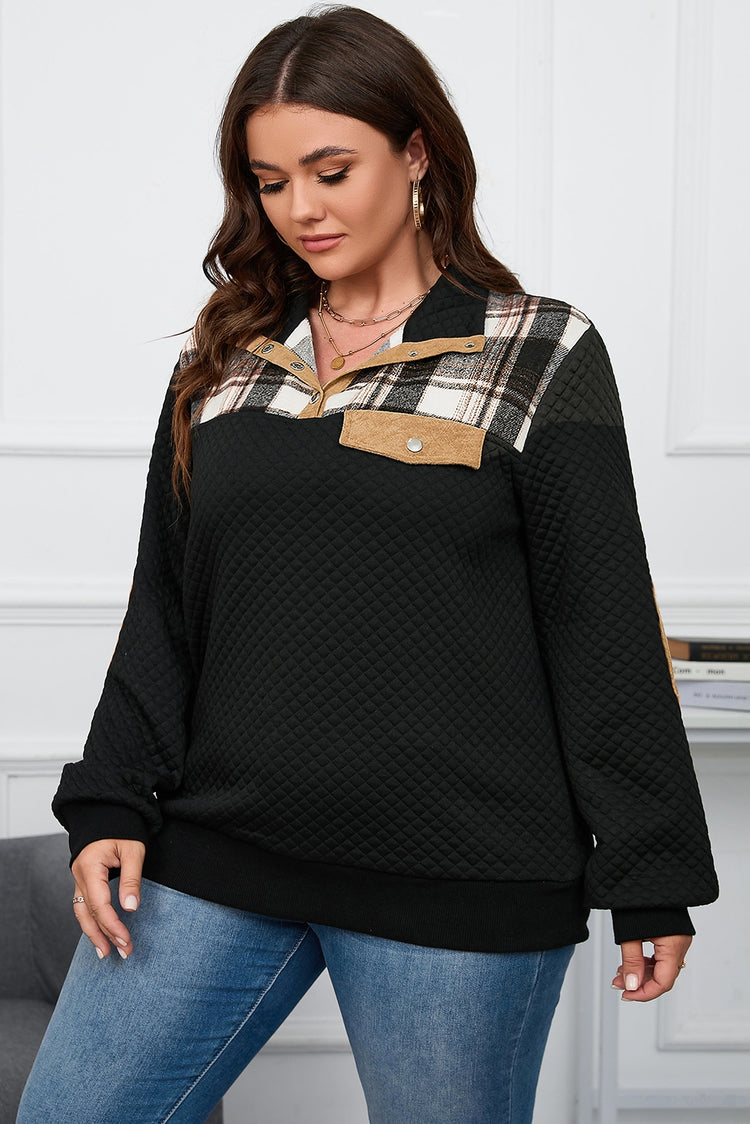 Plus Size Waffle-Knit Collared Neck Sweatshirt - MyEmpired