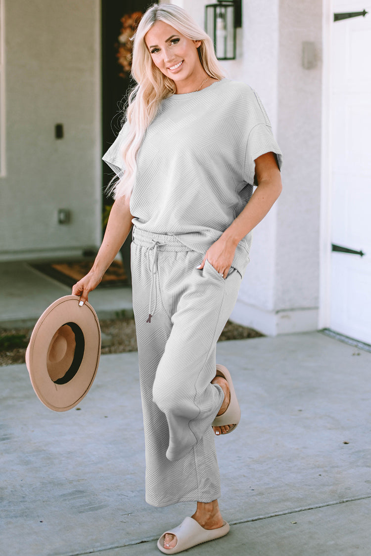Double Take Full Size Texture Short Sleeve Top and Pants Set - MyEmpired