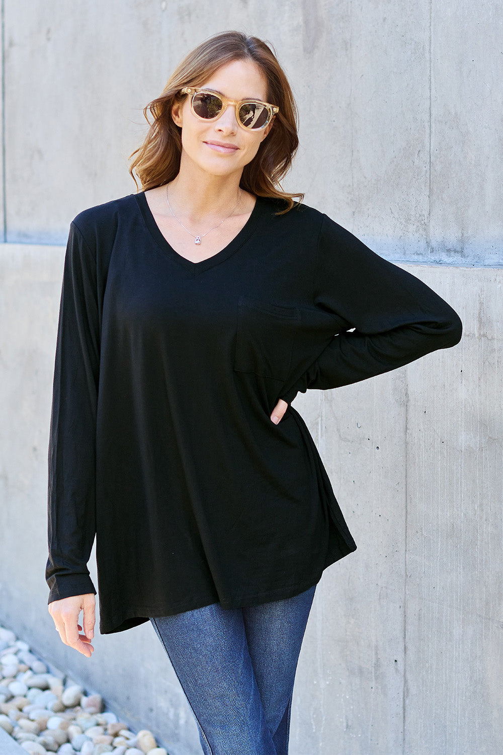 Basic Bae Full Size V-Neck Long Sleeve Top - MyEmpired