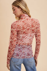Annie Wear Floral Lettuce Hem Sheer Mesh Top - MyEmpired