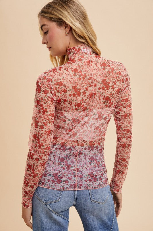 Annie Wear Floral Lettuce Hem Sheer Mesh Top - MyEmpired