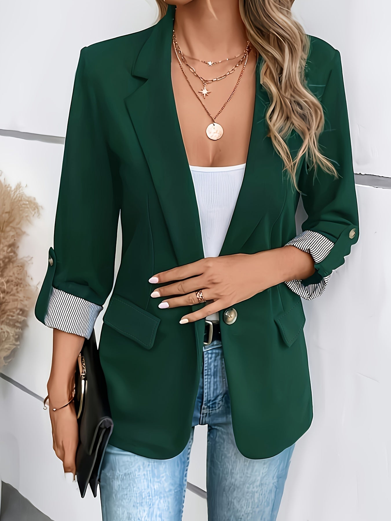 Notched Collar Button Front Blazer, Elegant Long Sleeve Blazer For Office & Work, Women's Clothing