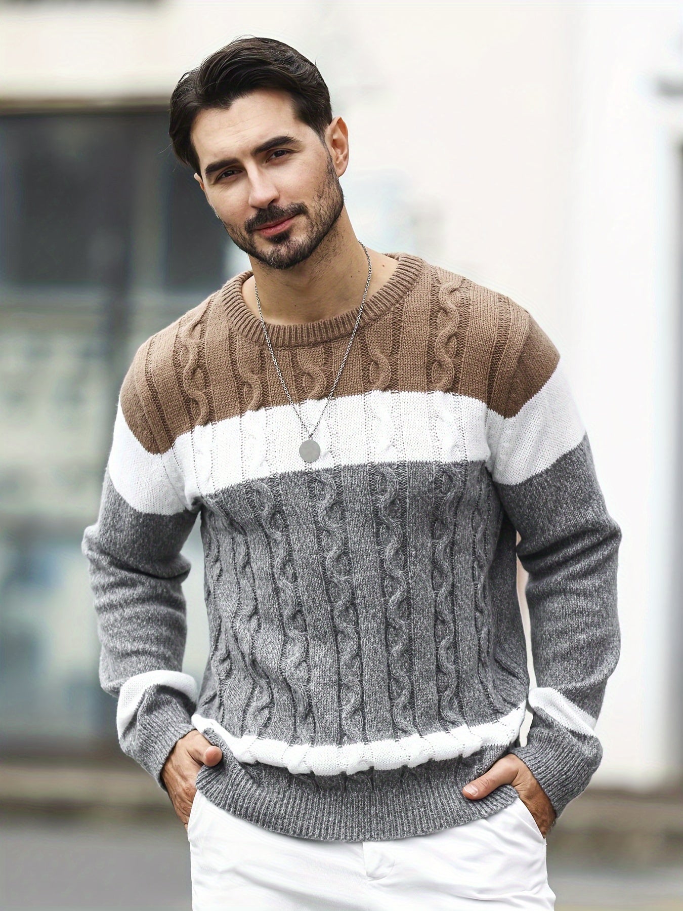 Men's Color Blocking Textured Knit Sweater For Autumn And Winter, Casual Business Trendy Pullover As Gift, Outdoor Cloth