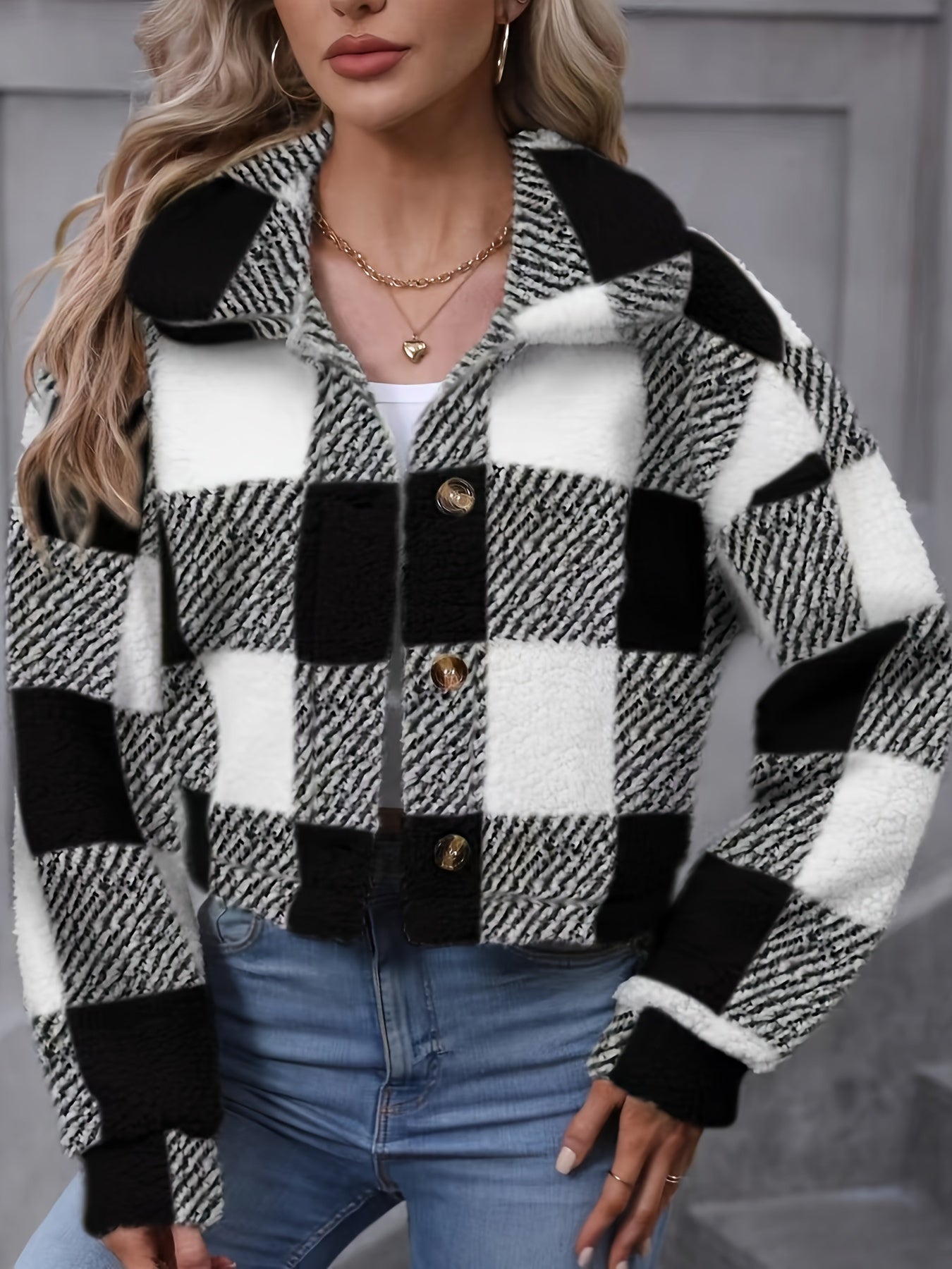 Plaid Teddy Coat, Casual Button Front Long Sleeve Winter Warm Outerwear, Women's Clothing