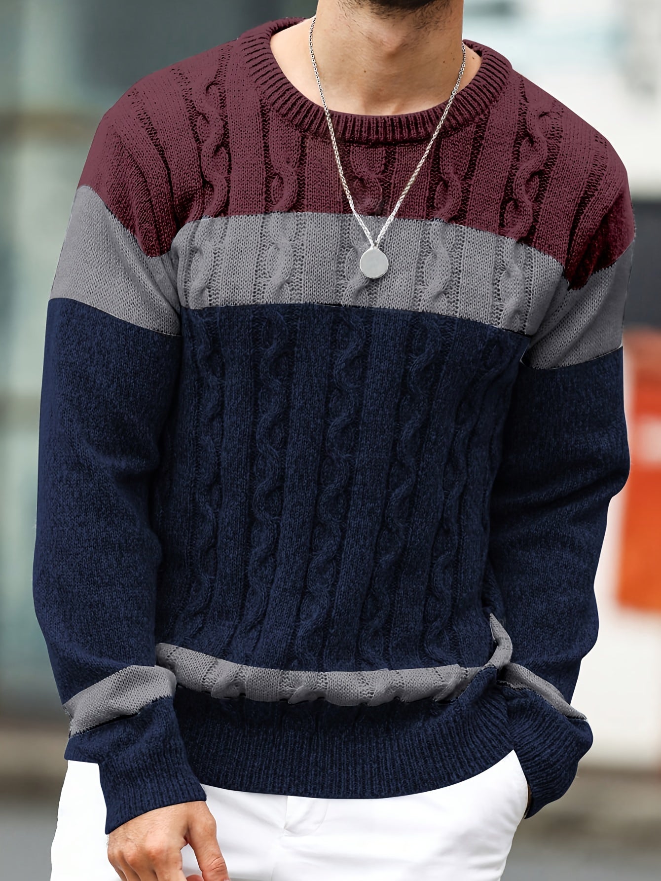 Men's Color Blocking Textured Knit Sweater For Autumn And Winter, Casual Business Trendy Pullover As Gift, Outdoor Cloth