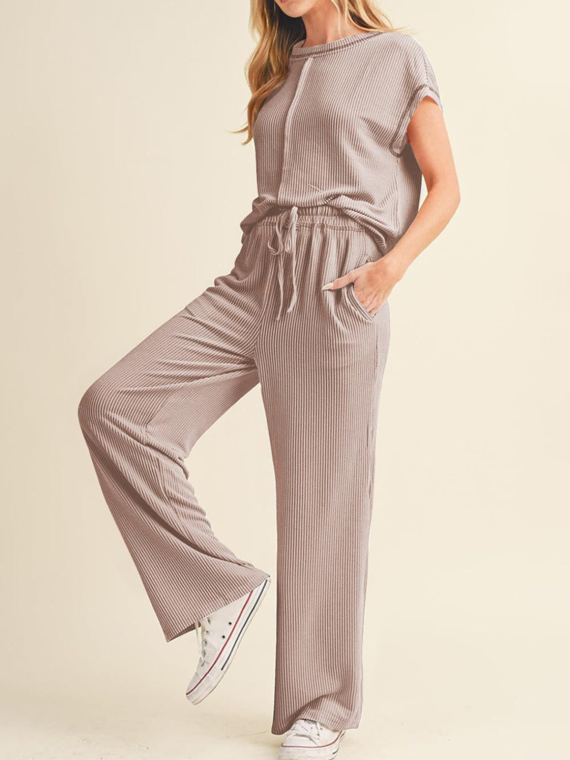 Ribbed Exposed Seam Top and Pants Set - MyEmpired