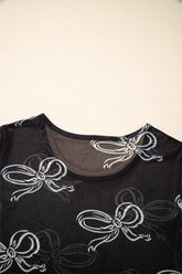 Bow Mesh Round Neck Short Sleeve T-Shirt - MyEmpired