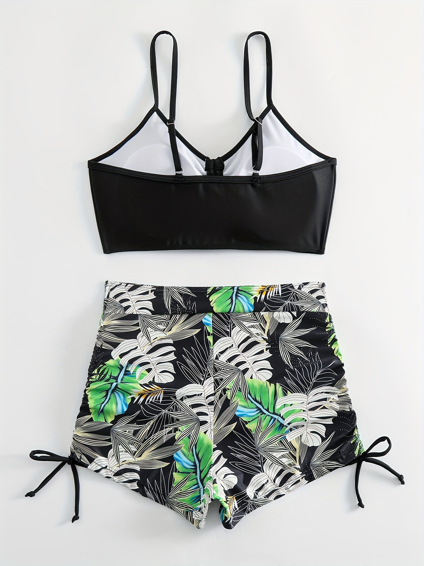 Tropical Leaf Print V Neck High Waist Bikini Sets, Drawstring Spaghetti Straps Boxer Short Bottoms Two Pieces Swimsuit, Women&