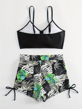 Tropical Leaf Print V Neck High Waist Bikini Sets, Drawstring Spaghetti Straps Boxer Short Bottoms Two Pieces Swimsuit, Women&