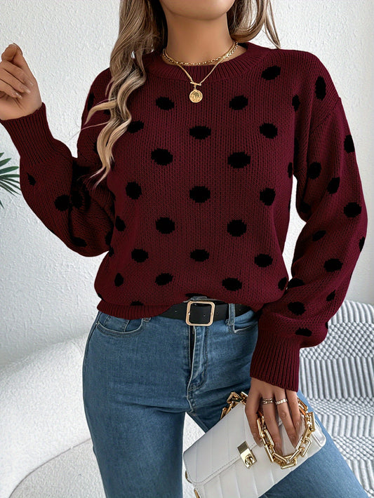 Women's Autumn Winter Knit Long Sleeve Crew Neck Sweater With Dot Pattern, Soft Acrylic Fabric, Elegant Casual Wear