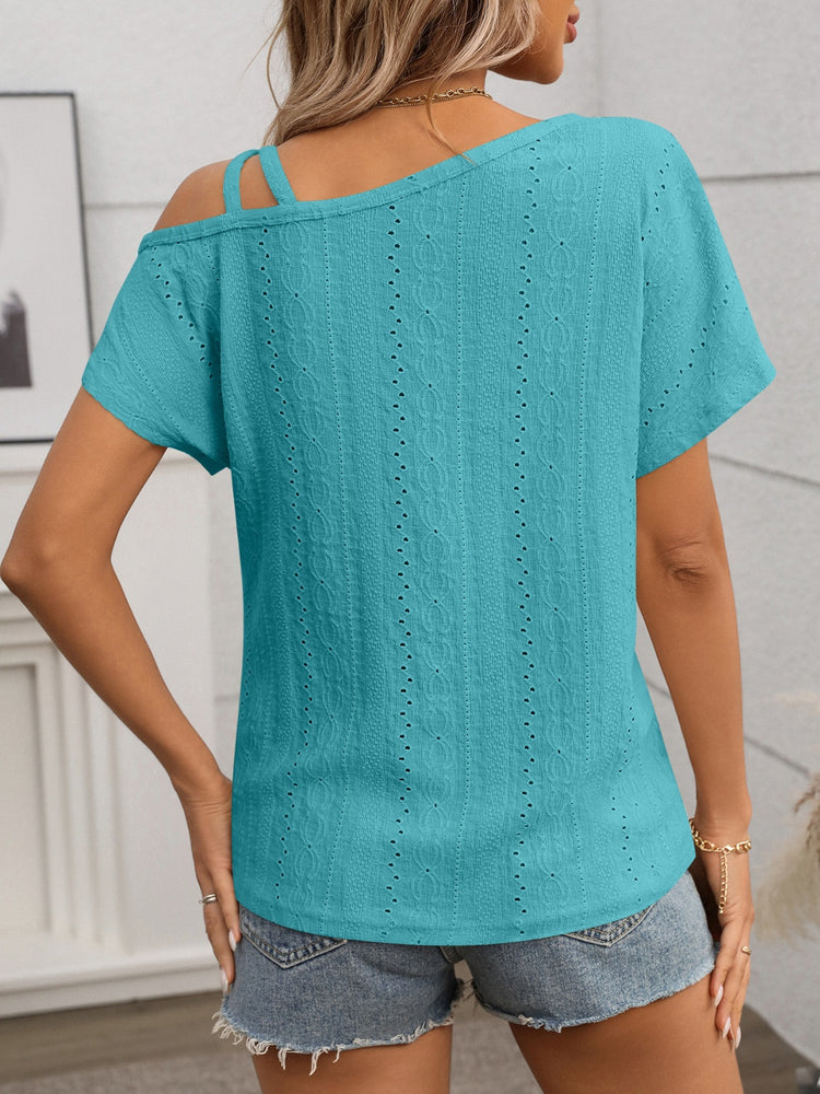 Eyelet Asymmetrical Shoulder Short Sleeve T-Shirt - MyEmpired