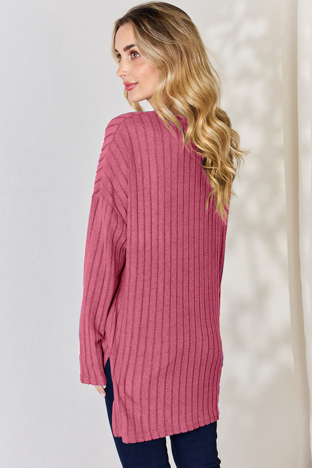 Basic Bae Full Size Ribbed Half Button Long Sleeve High-Low T-Shirt - MyEmpired