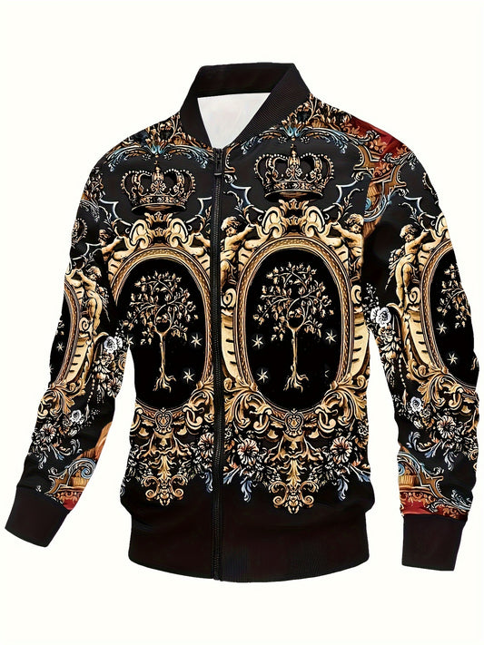 Men's Casual Printed Baseball Collar Jacket, Chic Bomber Jacket For Fitness