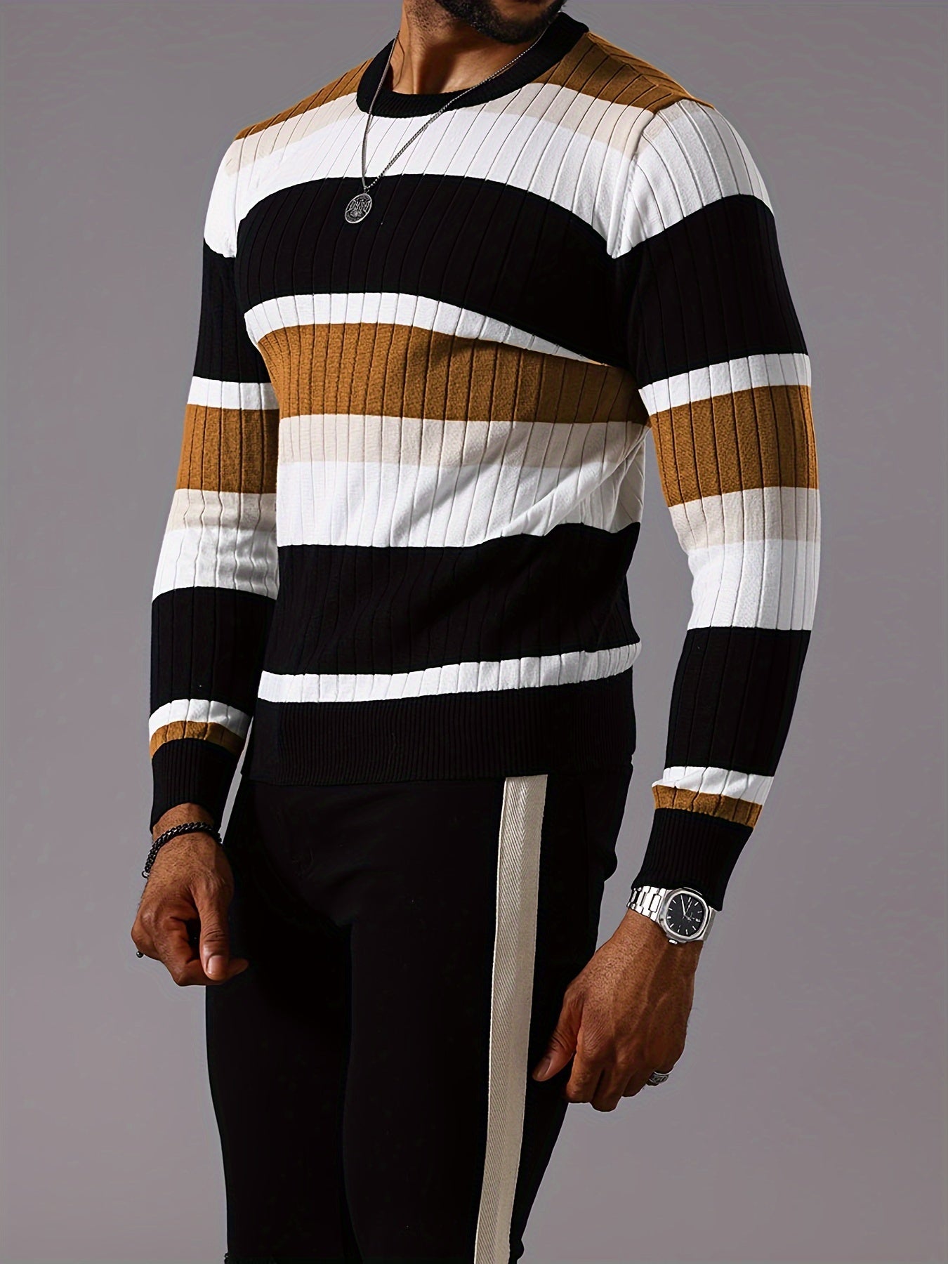 Men's Casual Striped Color Block Long Sleeve Knit Pullover - Round Neck, Machine Washable, Striped, Round Neck, Long Sleeve, Knit Sweater