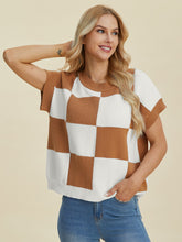 Double Take Full Size Checkered Round Neck Short Sleeve Sweater - MyEmpired