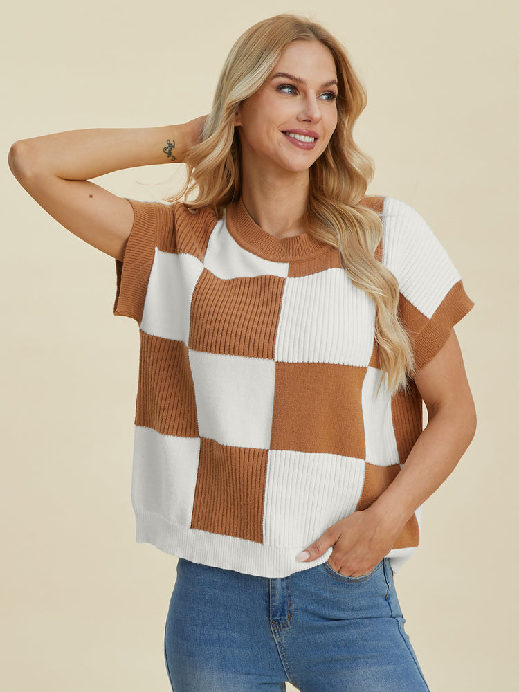 Double Take Full Size Checkered Round Neck Short Sleeve Sweater - MyEmpired